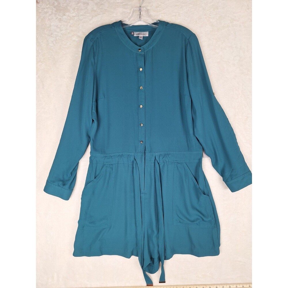 Jennifer Lopez Womens 14 Roll Tab Sleeve Shorts Romper Turquoise Green Pockets